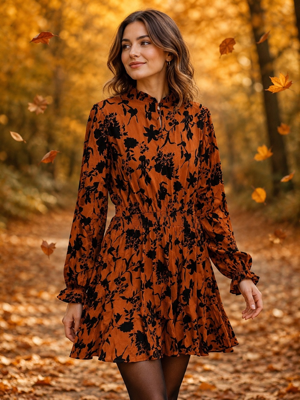 Easel Mini/Midi Dress - Rust & Black Floral - Smocked Waist - Ruffle